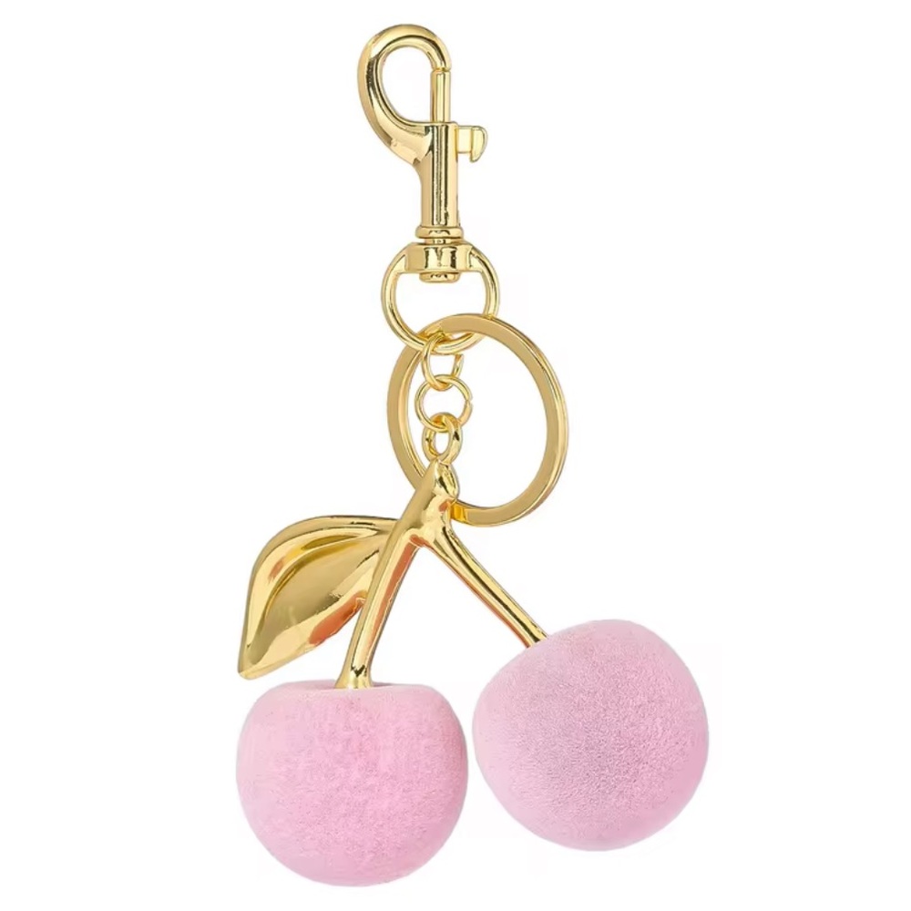 Pink Flocked Cherry 🍒 Bag Charm, Keychain with Gold Accents